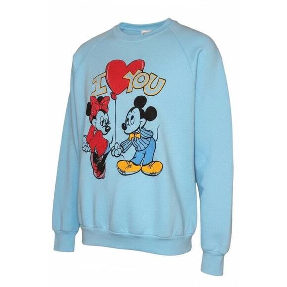 Vintage Disney Mickey & Minnie Mouse Blue Raglan Sweatshirt: I Love You Graphic - Picture 1 of 4